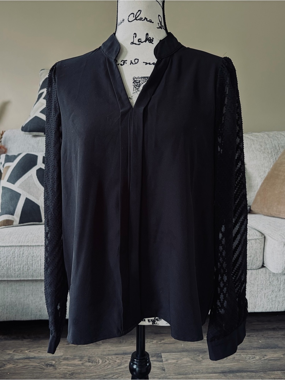 SHEIN Black Lace-Sleeve V-Neck Blouse